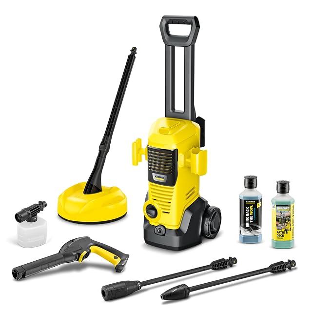 Kärcher K 3 FJ Home pressure washer with Foam Jet nozzle and T 1 patio cleaner, product photograph